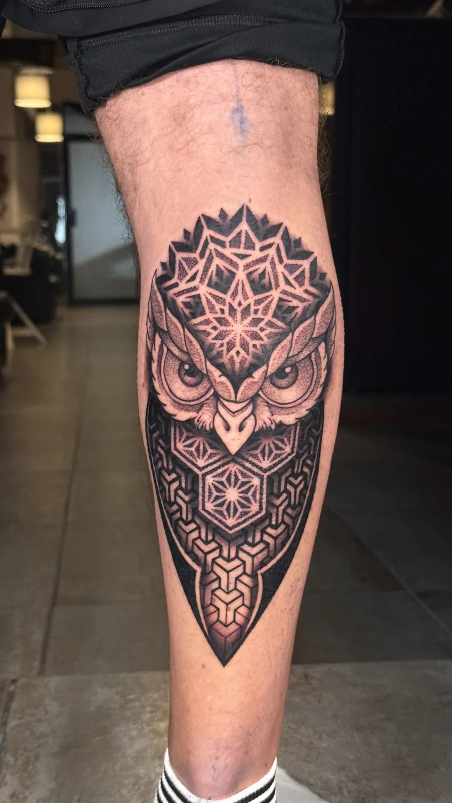 Dotwork owl dissolving into sacred geometry tattoo on the calf by Scotty Massa